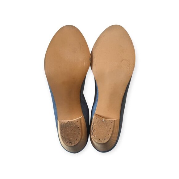 Vintage Blue Canvas Peep Toe Heels w/ Lace-Up Front | Stacked Heel | Size 7 - Picture 6 of 10